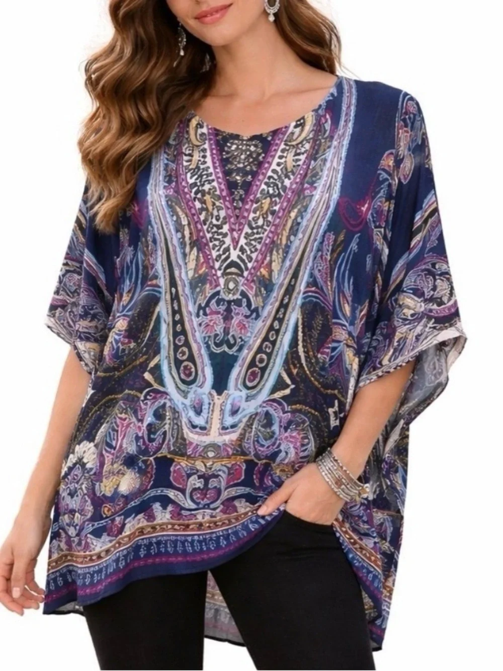 Chico's Multicolor Paisley Print Sweater Poncho Top Small Medium